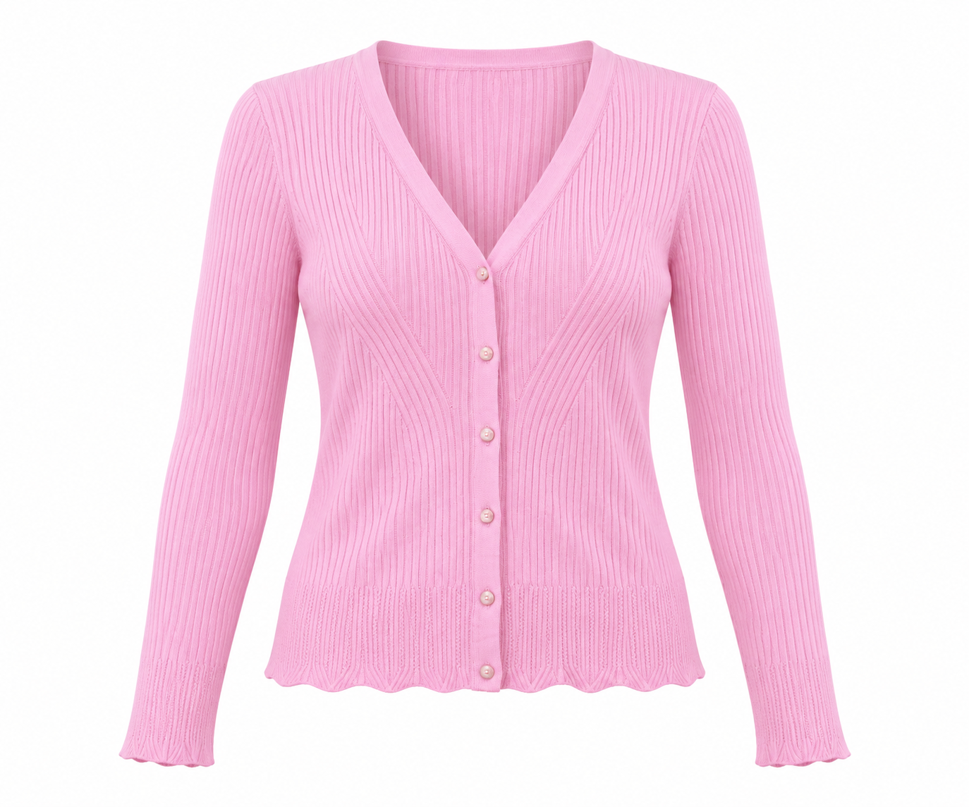   George pastel pink ribbed V-neck cardigan in UK Size S. A stylish button-front knit with long sleeves and a feminine wavy hem.
