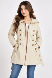 the GEORGE Women’s Beige Trench Coat in UK Size L, featuring double-breasted buttons, waist ties, contrast trim and practical pockets. Stylish everyday outerwear.