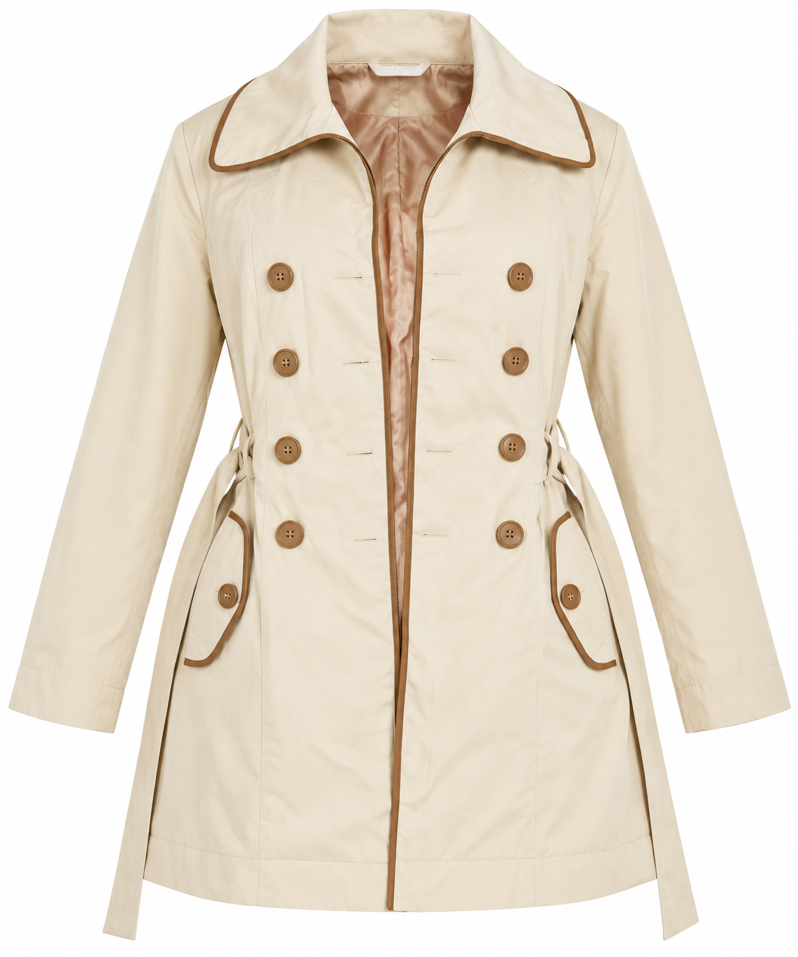 the GEORGE Women’s Beige Trench Coat in UK Size L, featuring double-breasted buttons, waist ties, contrast trim and practical pockets. Stylish everyday outerwear.