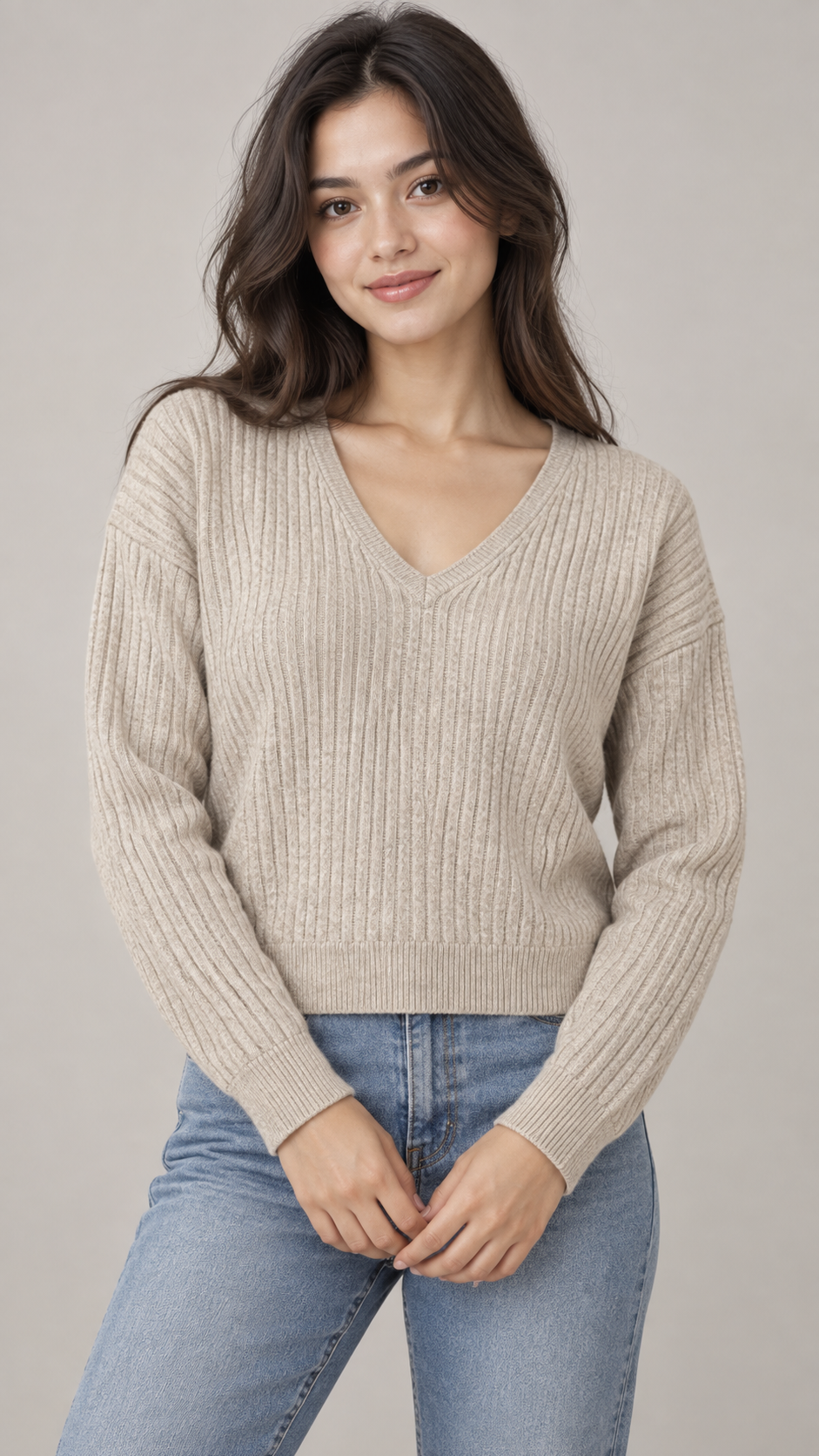 George women’s beige ribbed V-neck knit jumper in UK size S. Soft, stylish and perfect for casual, workwear and everyday layering.