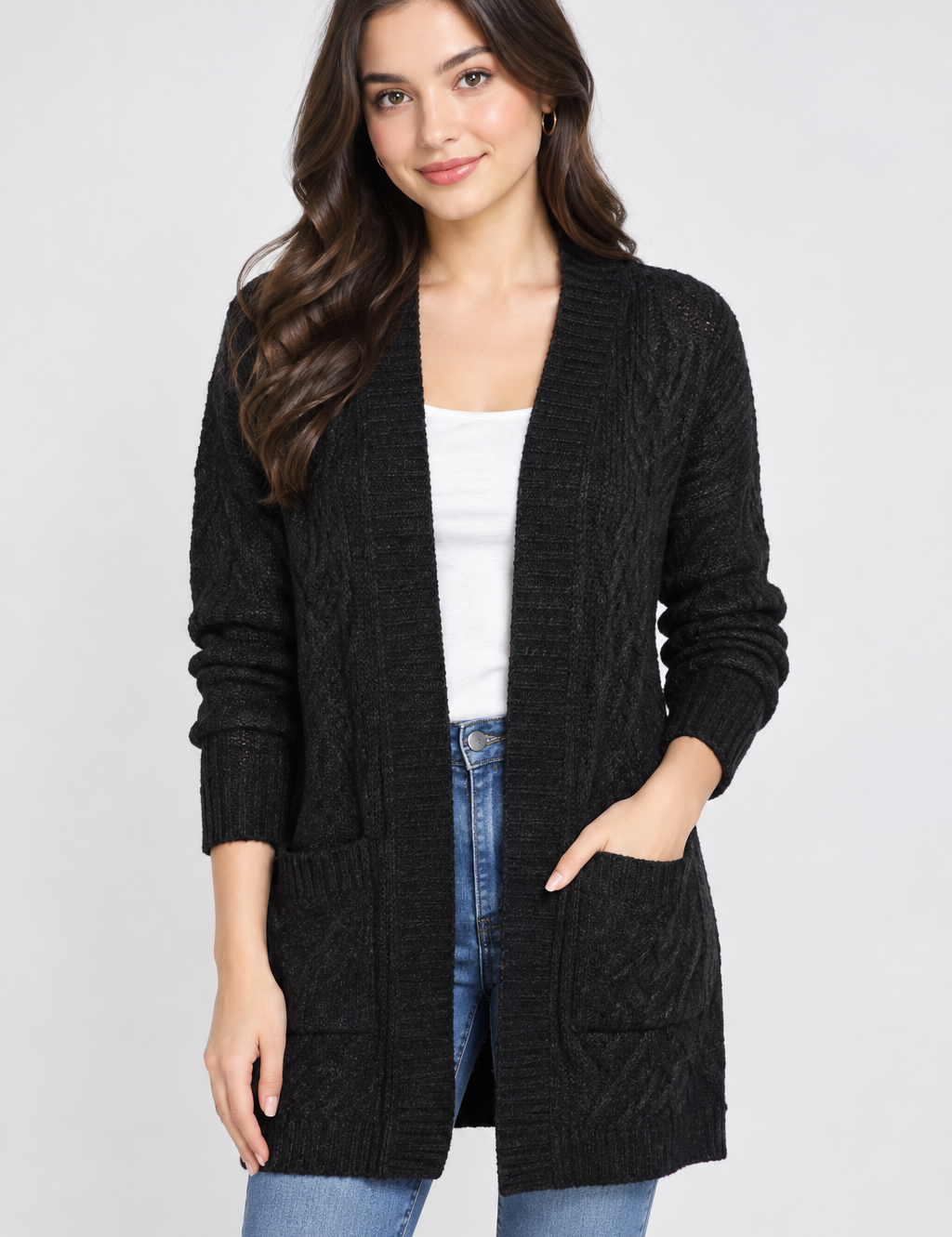 George women’s black cable knit longline cardigan, UK size S. Open-front design with pockets, long sleeves and textured knit finish.