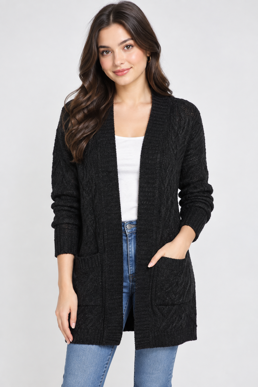 George women’s black cable knit longline cardigan, UK size S. Open-front design with pockets, long sleeves and textured knit finish.