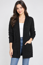George women’s black cable knit longline cardigan, UK size S. Open-front design with pockets, long sleeves and textured knit finish.