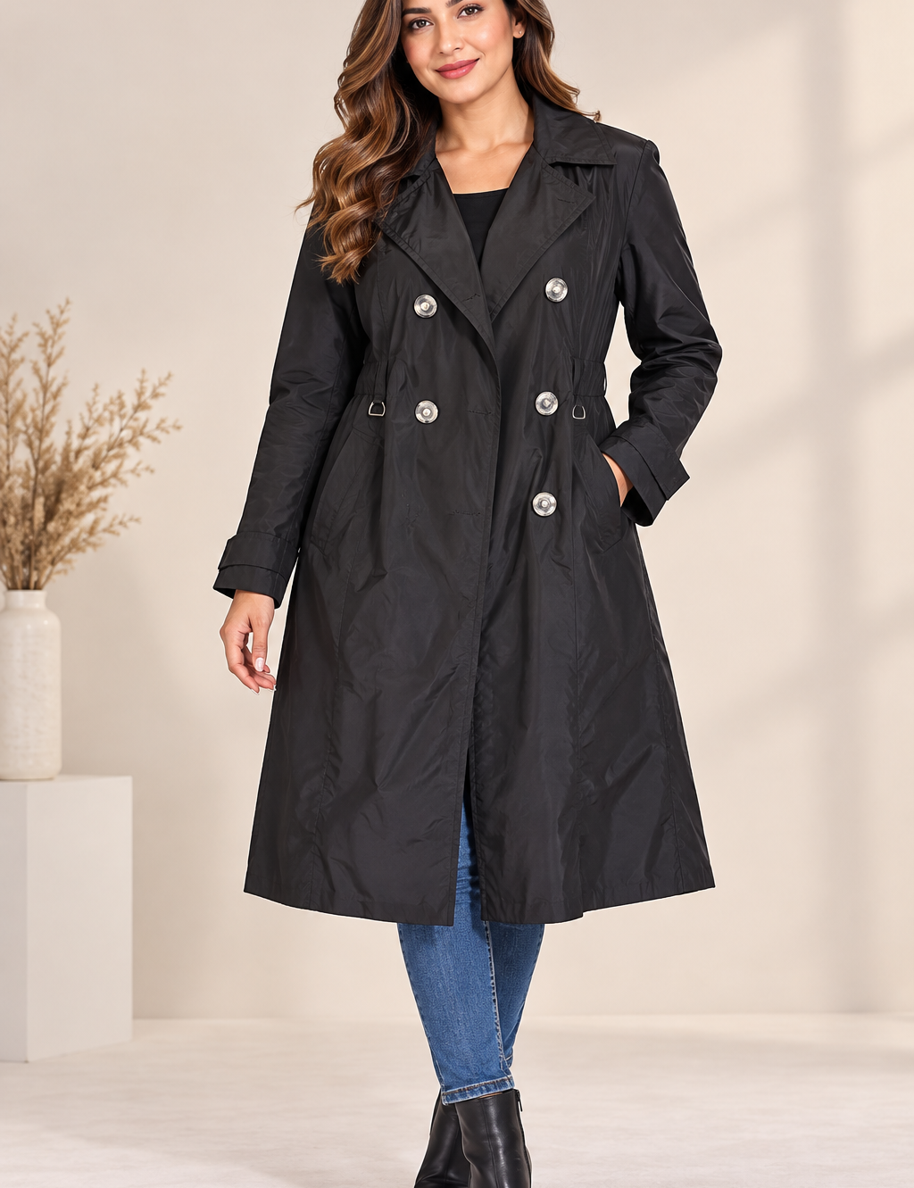  George Women’s Black Double-Breasted Long Trench Coat in UK Size 12. Stylish longline design with statement buttons, lapel collar and pockets.