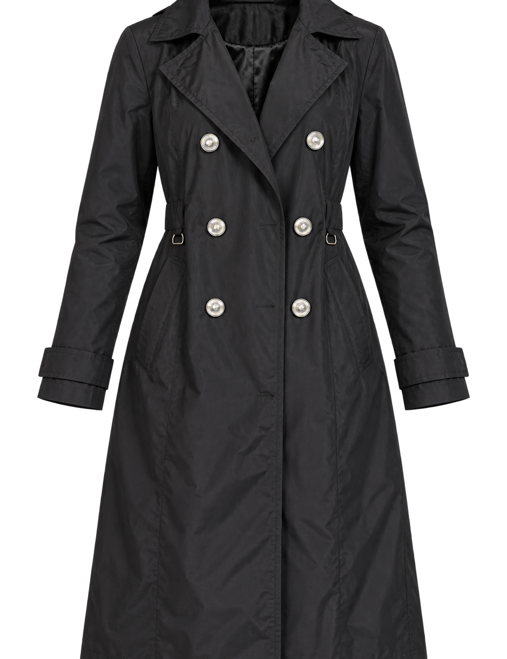  George Women’s Black Double-Breasted Long Trench Coat in UK Size 12. Stylish longline design with statement buttons, lapel collar and pockets.
