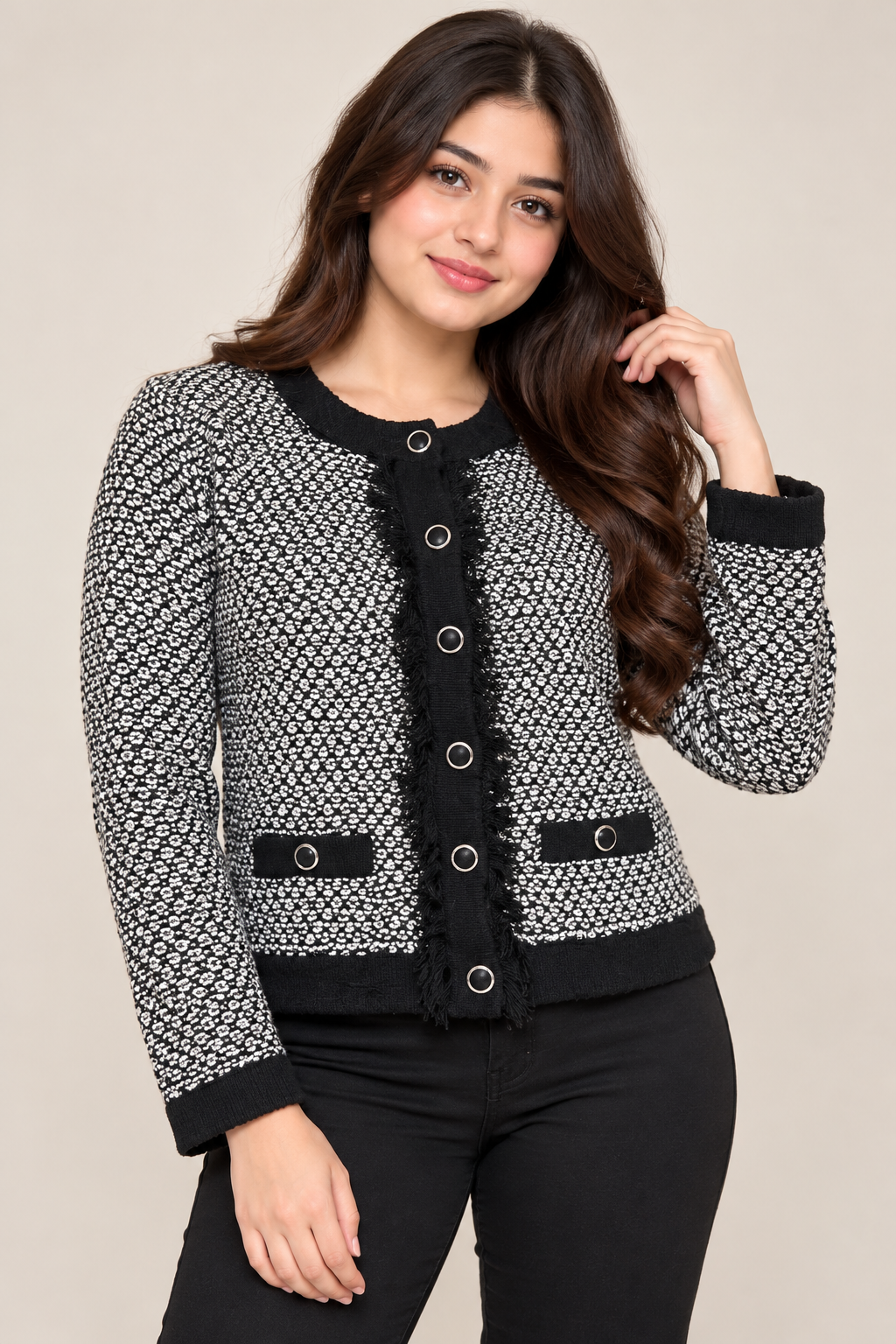 GEORGE Women's Black & White Textured Button-Up Cardigan in UK Size S. Elegant fringe trim, silver-tone buttons and stylish everyday design.