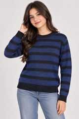 GEORGE Women Blue & Black Striped Knit Jumper