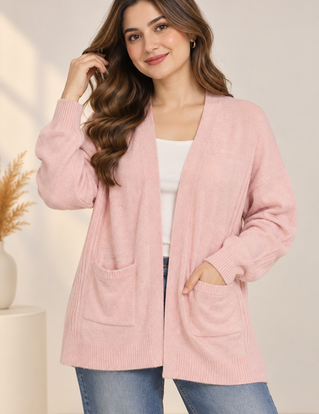  George Women’s Blush Pink Open Front Knit Cardigan in UK Size XL. Soft, relaxed design with long sleeves and front pockets for everyday layering.