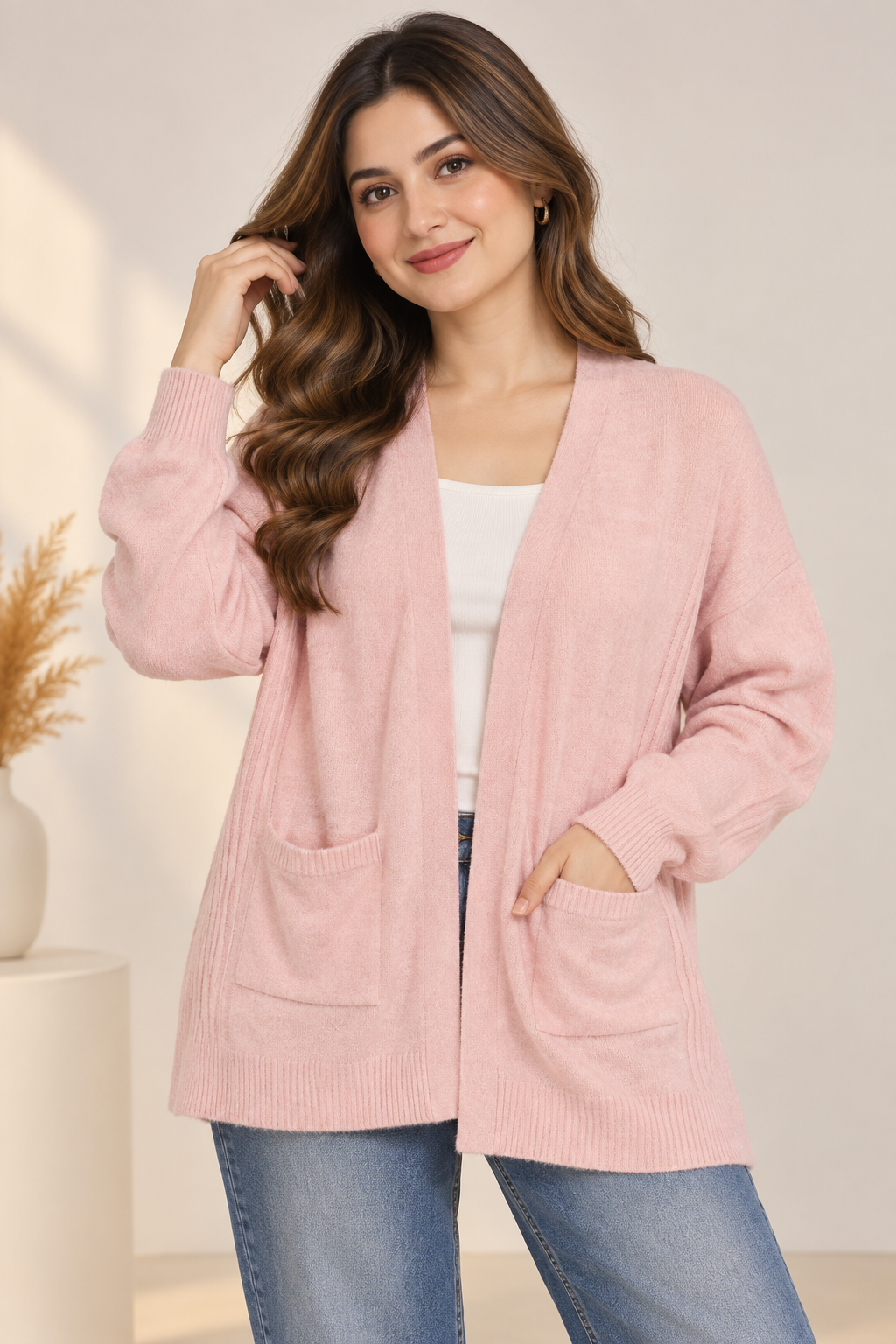  George Women’s Blush Pink Open Front Knit Cardigan in UK Size XL. Soft, relaxed design with long sleeves and front pockets for everyday layering.