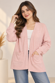  George Women’s Blush Pink Open Front Knit Cardigan in UK Size XL. Soft, relaxed design with long sleeves and front pockets for everyday layering.