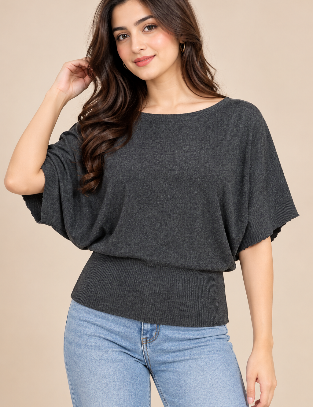 this GEORGE women’s charcoal grey batwing knit top in UK Size L, featuring a relaxed fit, wide sleeves and ribbed hem. Stylish UK fashion at great value.