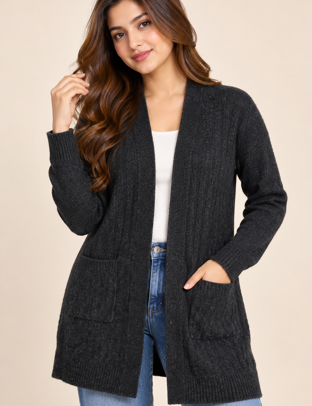 GEORGE women’s charcoal longline knitted cardigan in UK Size L. Open-front design with pockets, full sleeves and a comfortable relaxed fit.