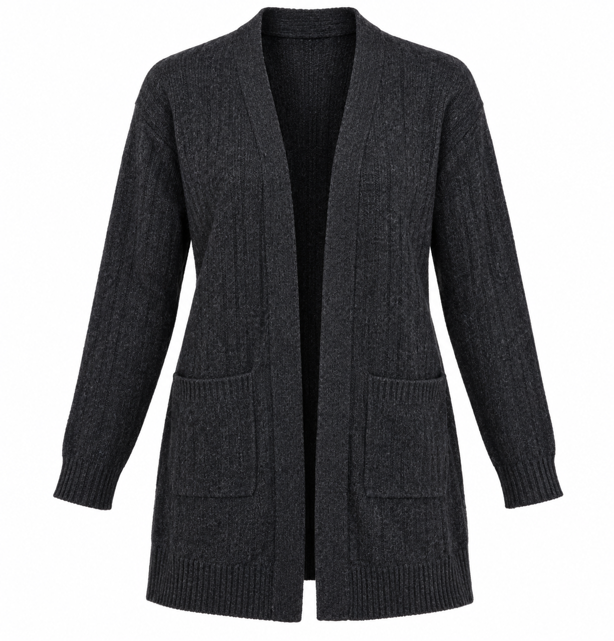 GEORGE women’s charcoal longline knitted cardigan in UK Size L. Open-front design with pockets, full sleeves and a comfortable relaxed fit.