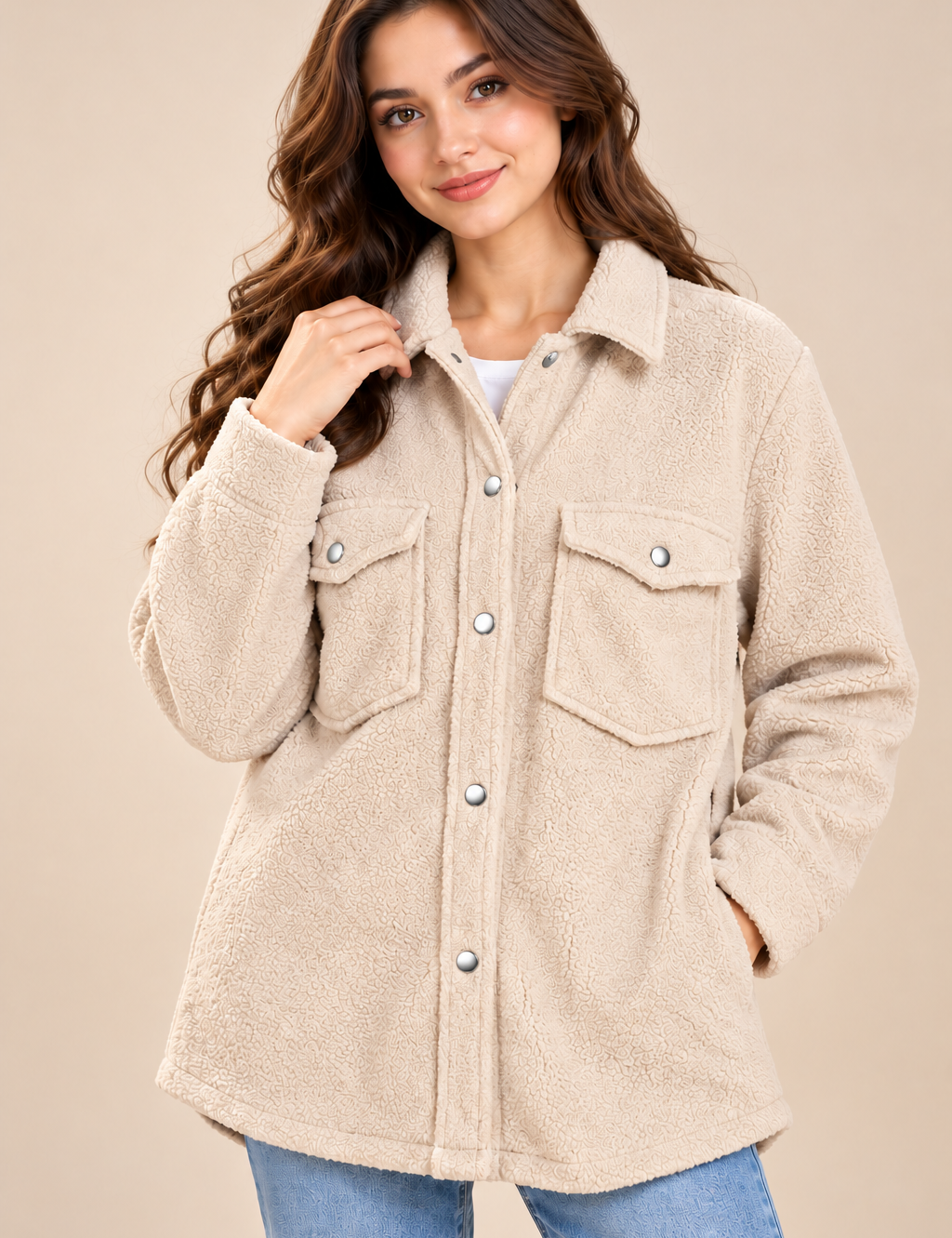 this GEORGE women’s cream teddy sherpa shacket, UK Size M, featuring silver snap buttons, chest pockets and a cosy fleece finish. Ideal for stylish winter layering.