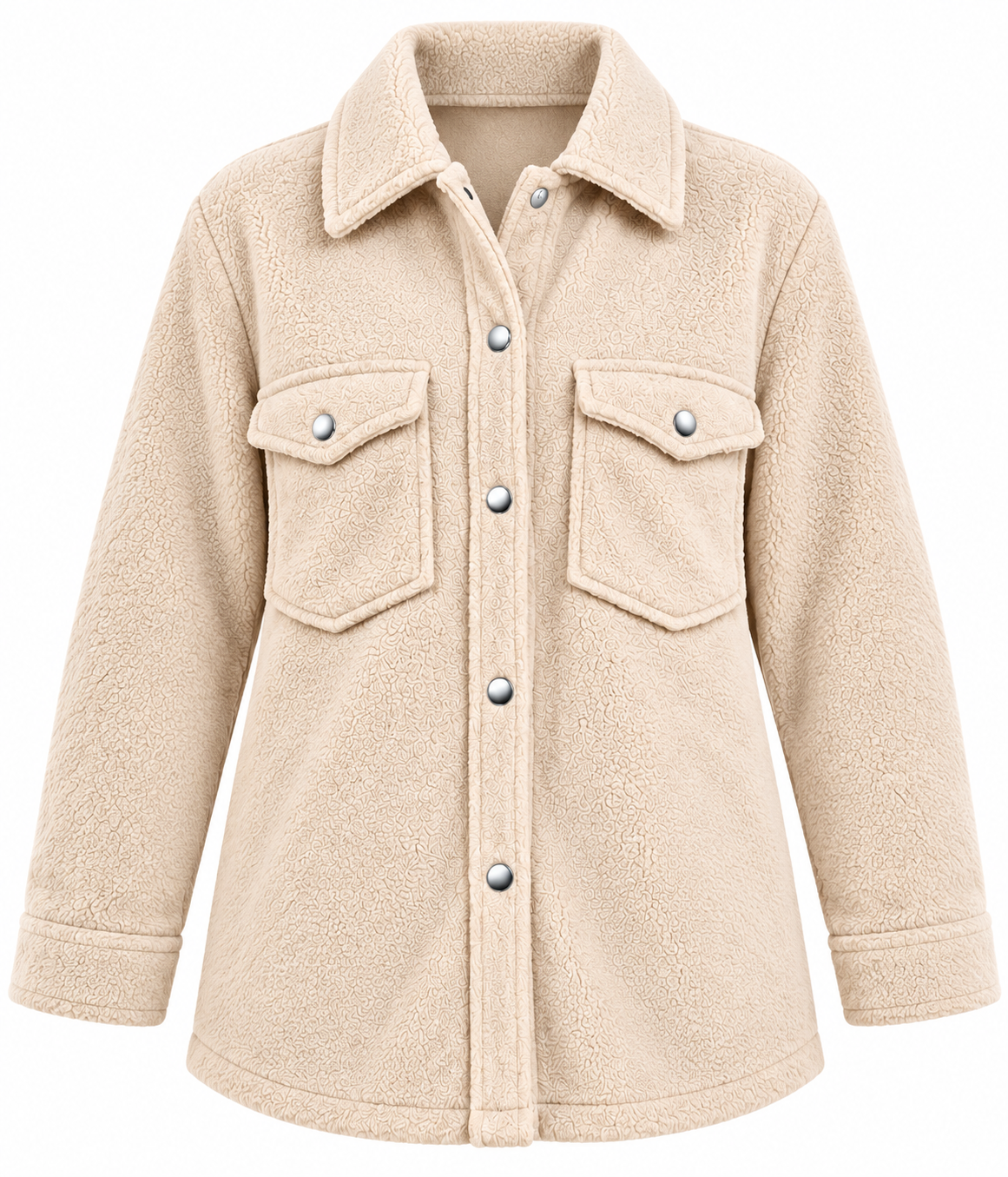 this GEORGE women’s cream teddy sherpa shacket, UK Size M, featuring silver snap buttons, chest pockets and a cosy fleece finish. Ideal for stylish winter layering.