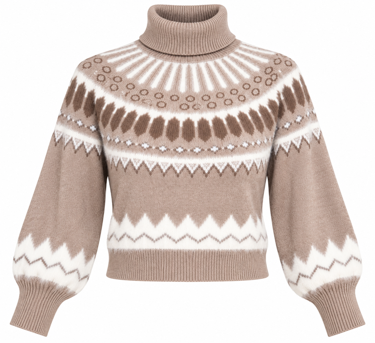  George Women’s Fair Isle Cropped Turtleneck Jumper in UK Size M. Cosy beige Nordic knit with balloon sleeves and a stylish winter design.