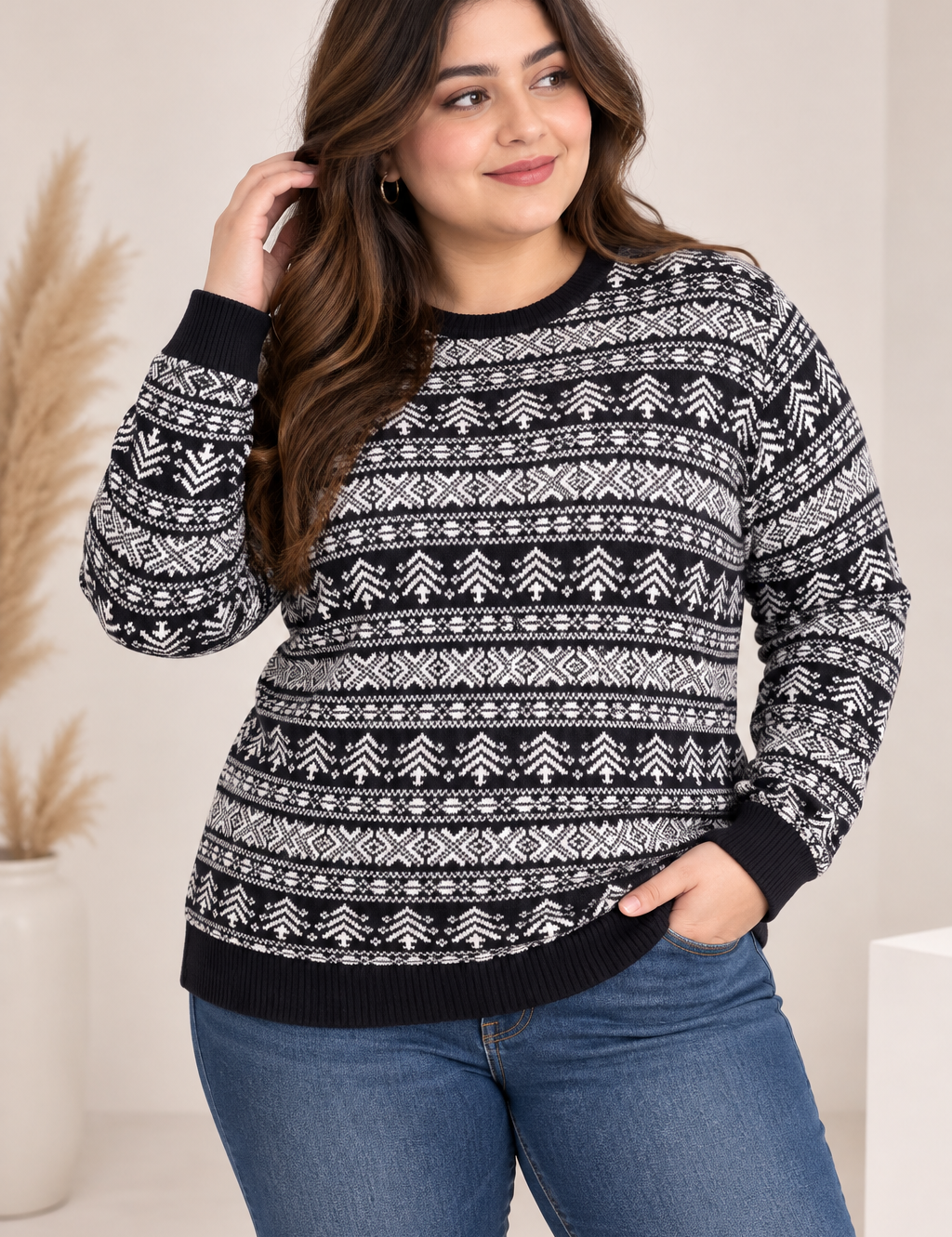 George Women’s Fair Isle Knit Jumper in UK Size 2XL. Cosy black and white Nordic-style sweater, ideal for casual autumn and winter wear.