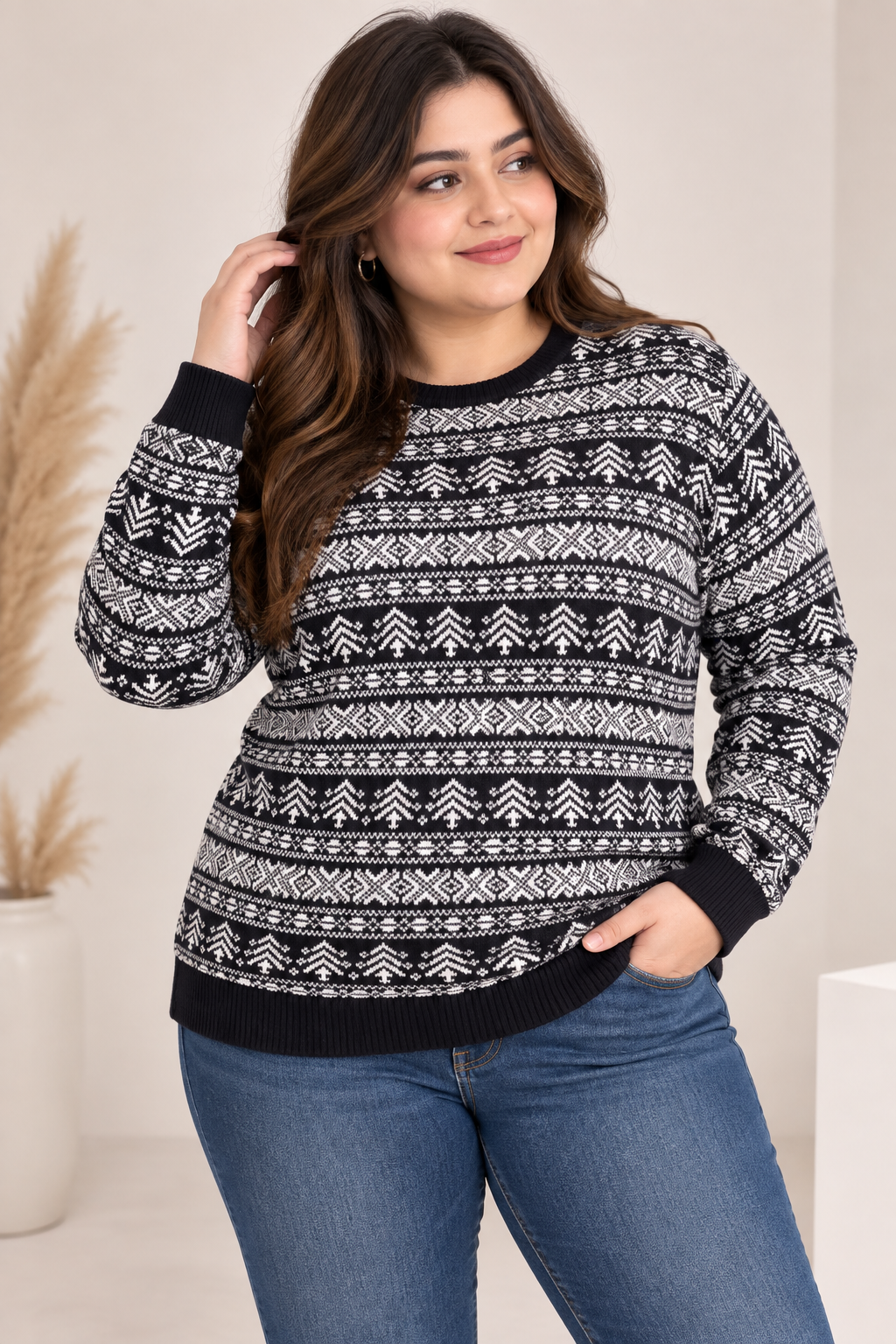 George Women’s Fair Isle Knit Jumper in UK Size 2XL. Cosy black and white Nordic-style sweater, ideal for casual autumn and winter wear.