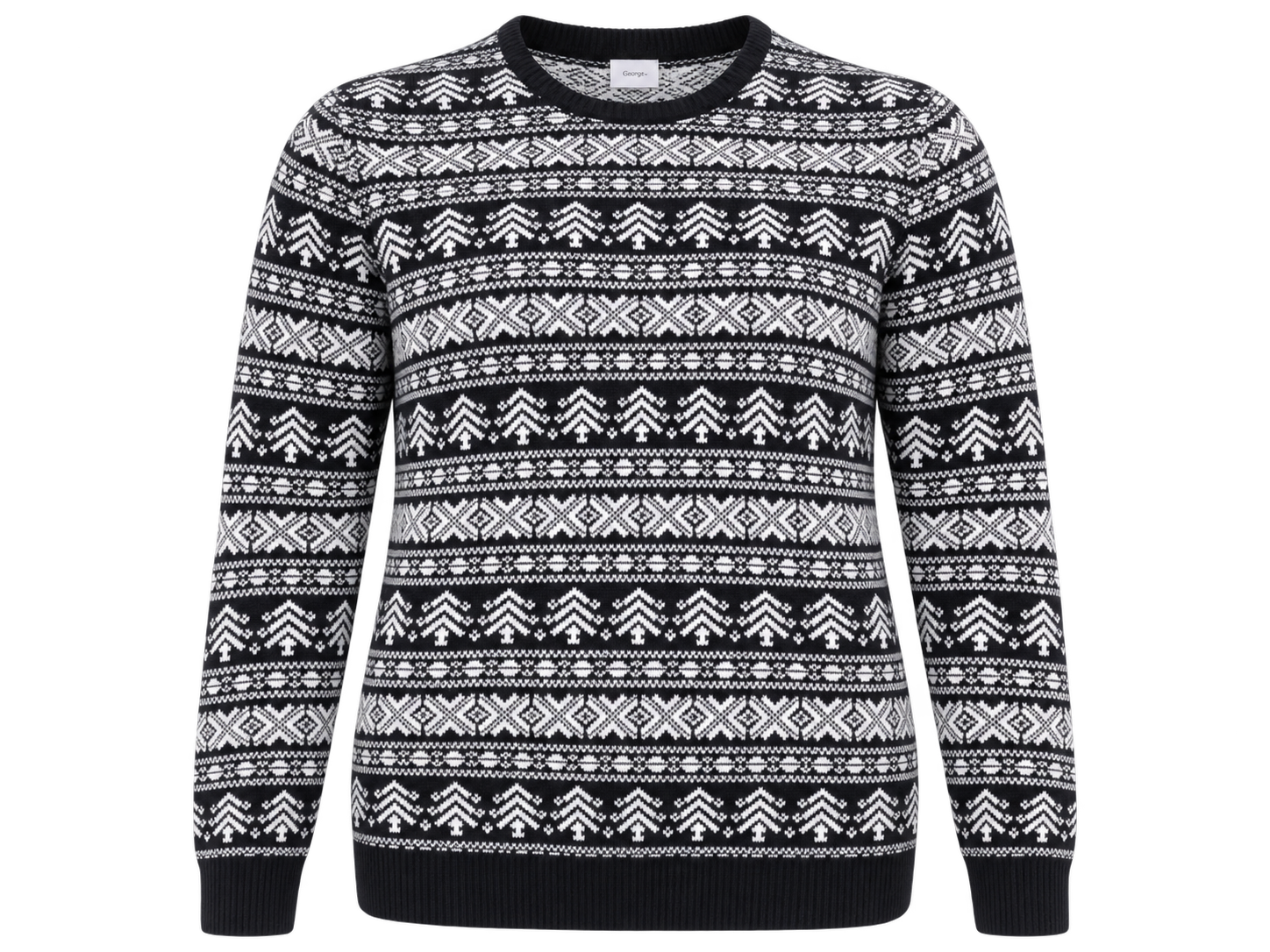  George Women’s Fair Isle Knit Jumper in UK Size 2XL. Cosy black and white Nordic-style sweater, ideal for casual autumn and winter wear.