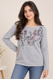  George women’s grey butterfly print long sleeve top in UK Size XS. Stylish, comfortable and versatile everyday wear with beautiful pink detailing.

