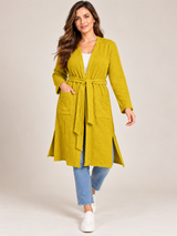 George Women Mustard Yellow Long Knitted Cardigan with Waist Belt & Side Slits