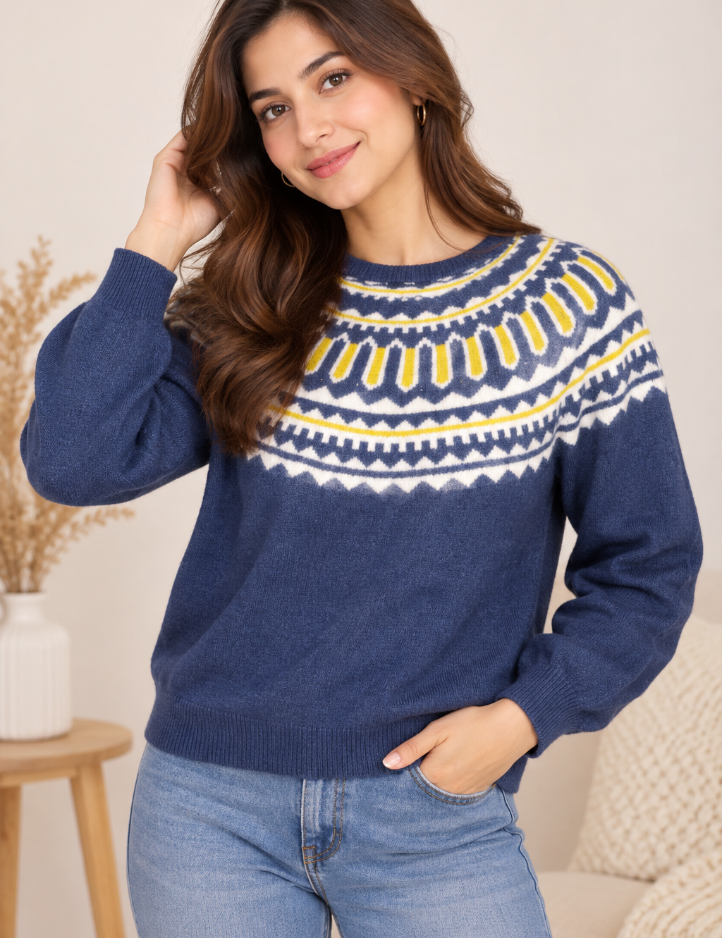  George Women’s Navy Fair Isle Knit Jumper in UK Size XL. Stylish white and yellow patterned winter sweater, ideal for casual wear and layering.

