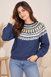  George Women’s Navy Fair Isle Knit Jumper in UK Size XL. Stylish white and yellow patterned winter sweater, ideal for casual wear and layering.

