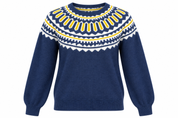  George Women’s Navy Fair Isle Knit Jumper in UK Size XL. Stylish white and yellow patterned winter sweater, ideal for casual wear and layering.

