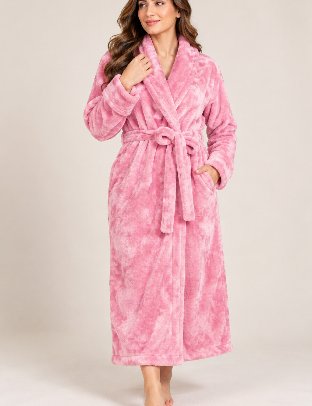  George women’s pink plush dressing gown in UK Size S. Soft, cosy long bathrobe with shawl collar and adjustable waist belt, perfect for loungewear.