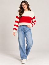 GEORGE Women Red & Cream Striped Chunky Knit Cropped Jumper