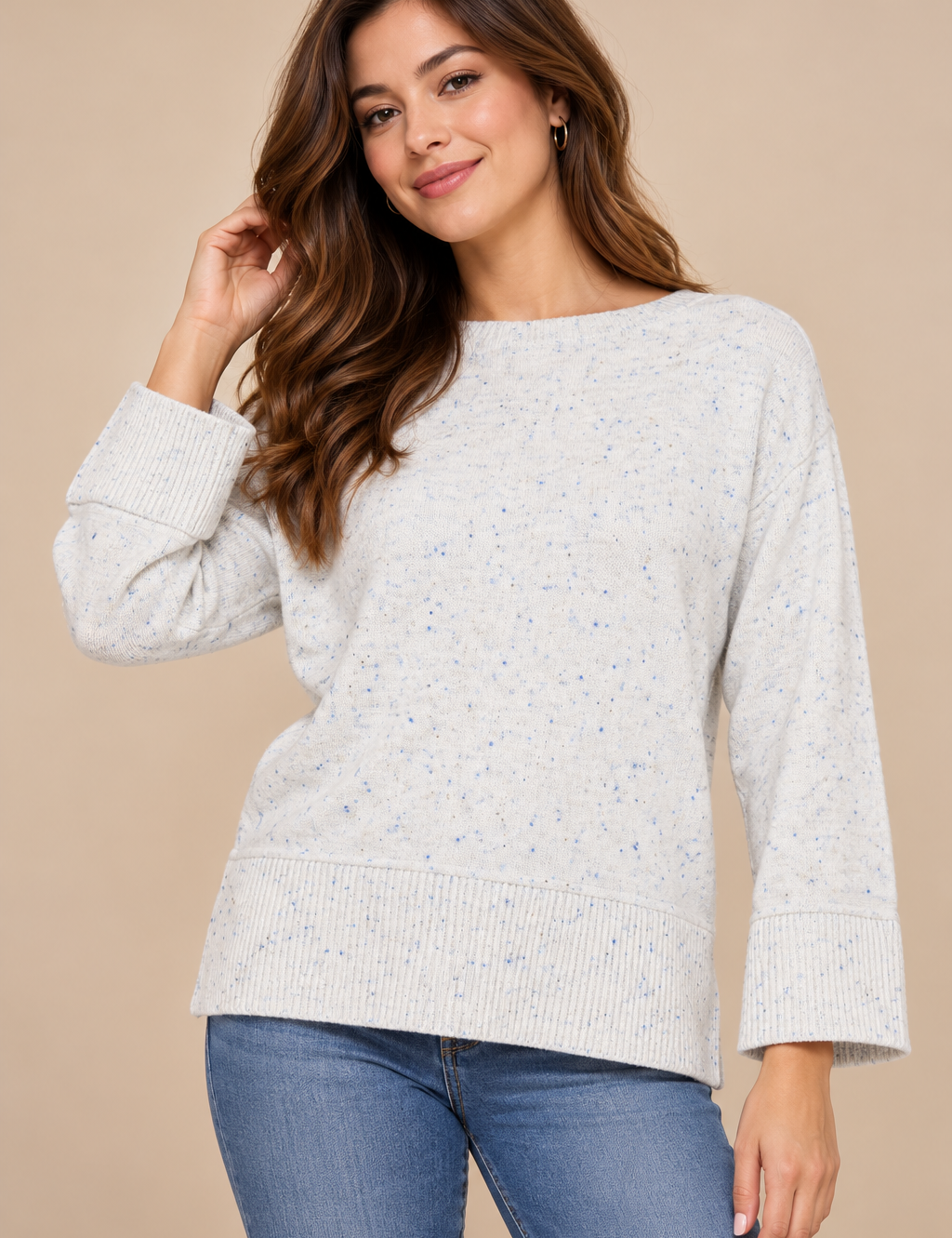  George women’s speckled knit jumper in UK Size L, featuring a cream finish with blue flecks, long sleeves and comfortable ribbed detailing.