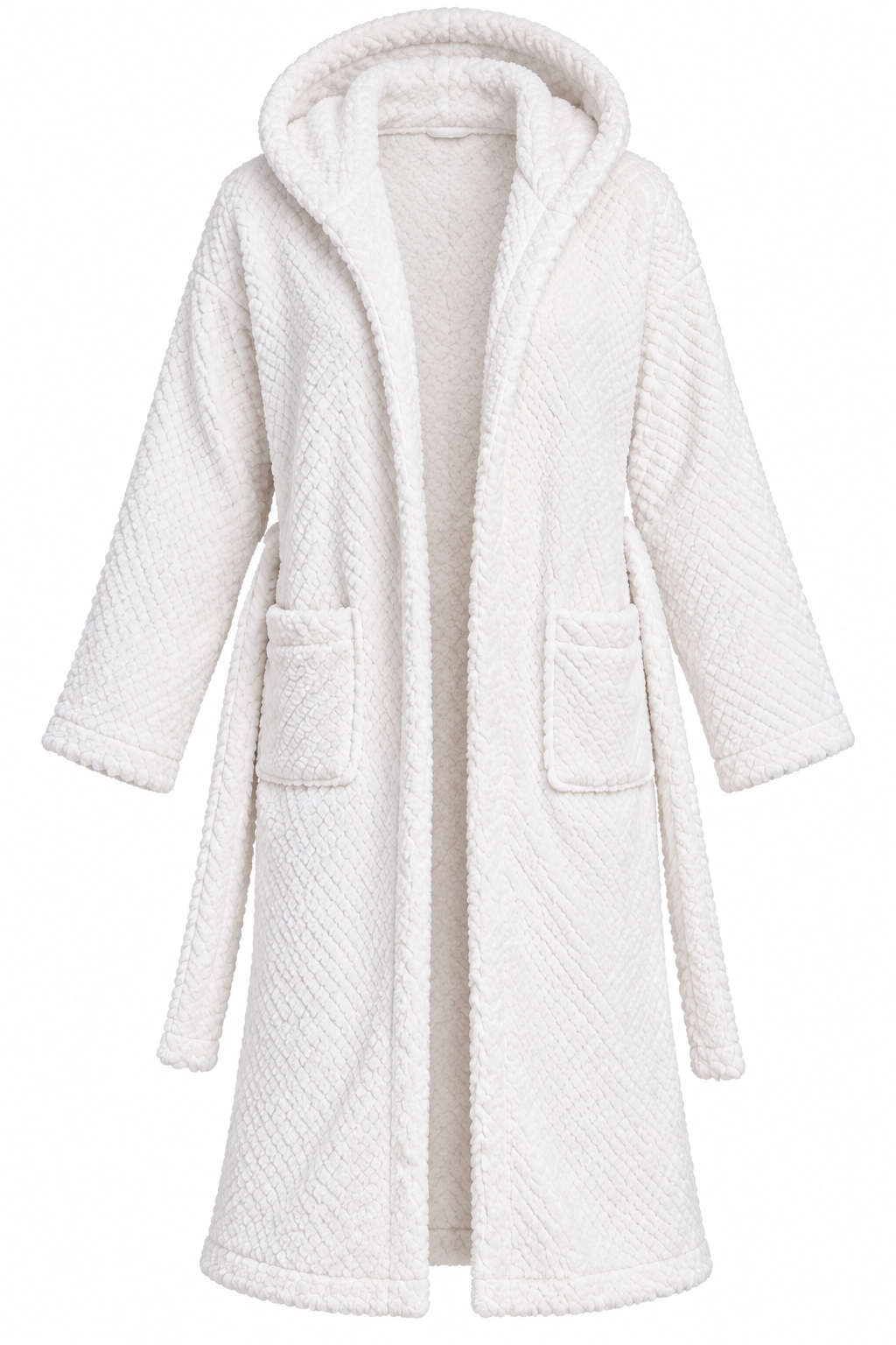 GEORGE Women’s White Hooded Fluffy Dressing Gown in UK Size L. Soft sherpa-style fabric, open front, tie belt and pockets for cozy lounging.