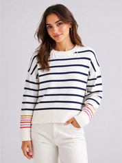 George women's striped knit jumper in UK Size M, featuring cream and navy stripes, colourful sleeve detailing and a cosy relaxed fit.