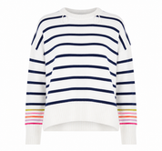 George women's striped knit jumper in UK Size M, featuring cream and navy stripes, colourful sleeve detailing and a cosy relaxed fit.