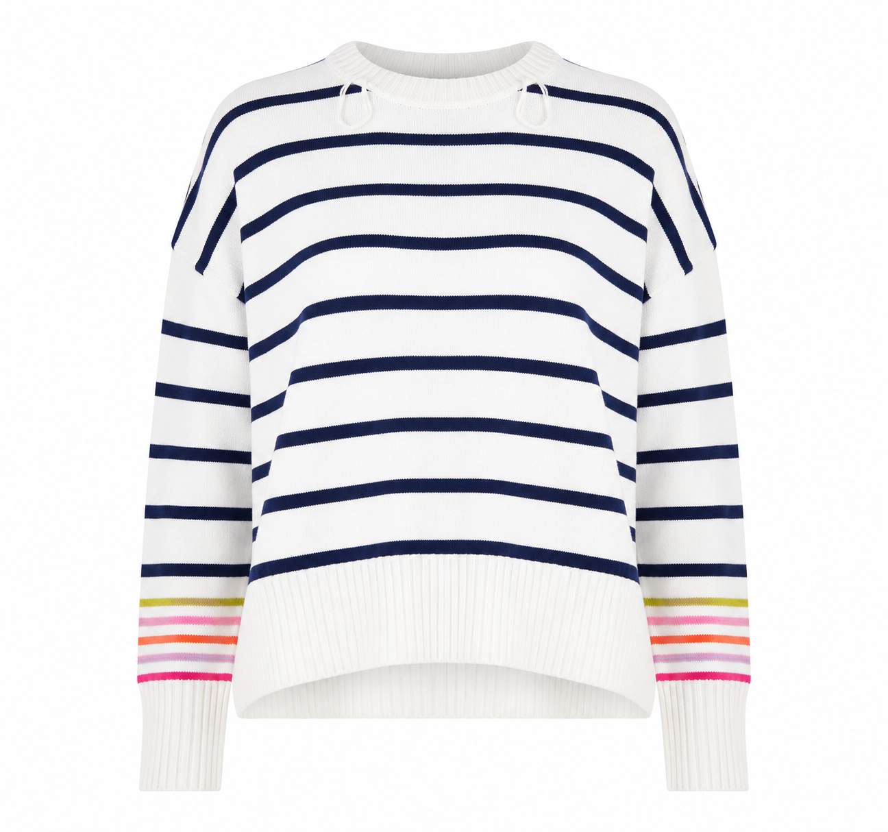 George women's striped knit jumper in UK Size M, featuring cream and navy stripes, colourful sleeve detailing and a cosy relaxed fit.