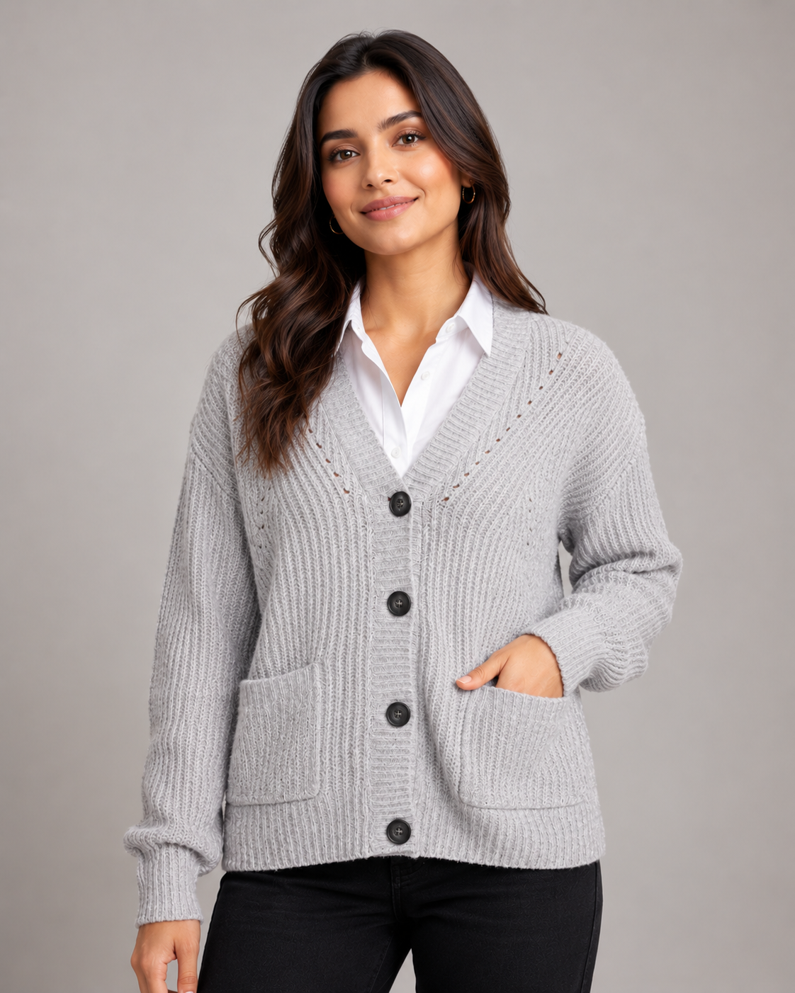  George Women's Light Grey Ribbed Knit Cardigan, UK Size M, featuring a chunky ribbed texture, button front, long sleeves and practical pockets.