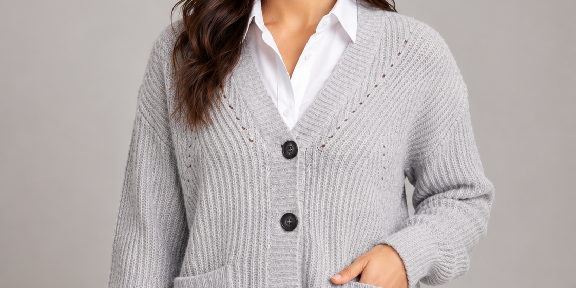  George Women's Light Grey Ribbed Knit Cardigan, UK Size M, featuring a chunky ribbed texture, button front, long sleeves and practical pockets.