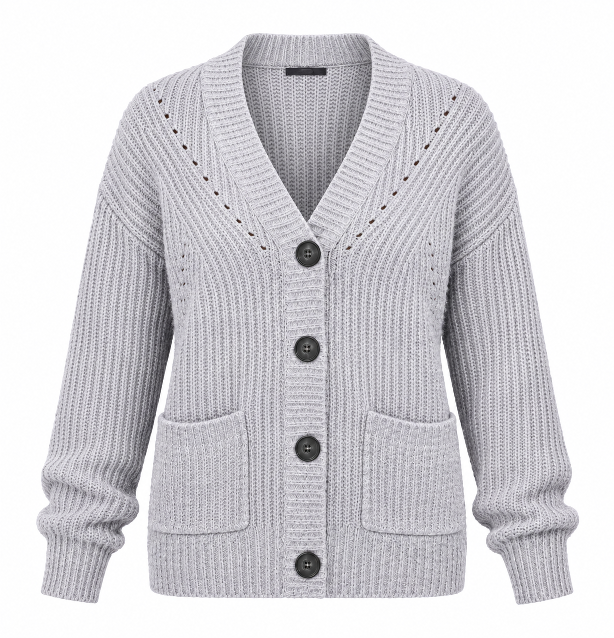 George Women's Light Grey Ribbed Knit Cardigan, UK Size M, featuring a chunky ribbed texture, button front, long sleeves and practical pockets.