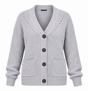  George Women's Light Grey Ribbed Knit Cardigan, UK Size M, featuring a chunky ribbed texture, button front, long sleeves and practical pockets.