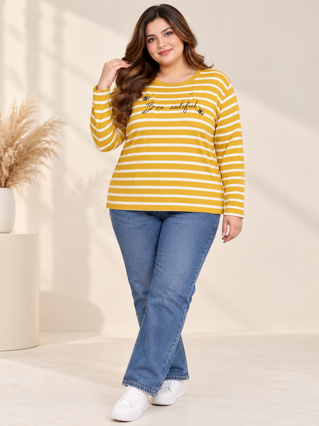 George Women's Mustard Yellow & White Striped Bee Beautiful Long Sleeve Top in UK Size 4XL. Stylish, comfortable plus-size casual everyday wear.
