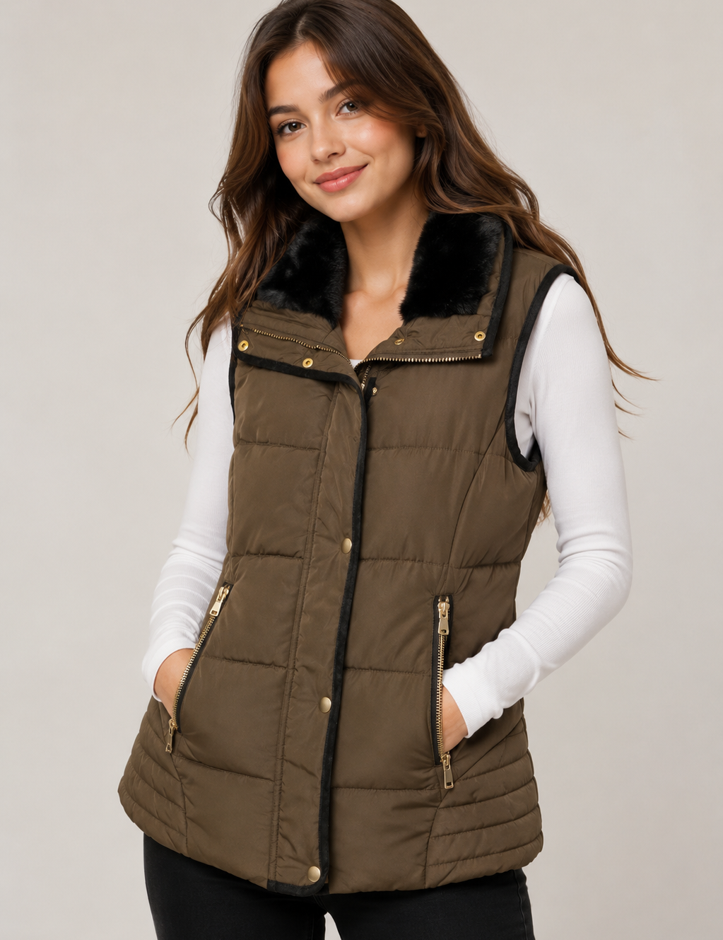  George Women's Olive Quilted Faux Fur Collar Puffer Gilet Jacket. Lightweight quilted bodywarmer with faux fur collar, zip pockets, and stylish winter layering for everyday comfort.