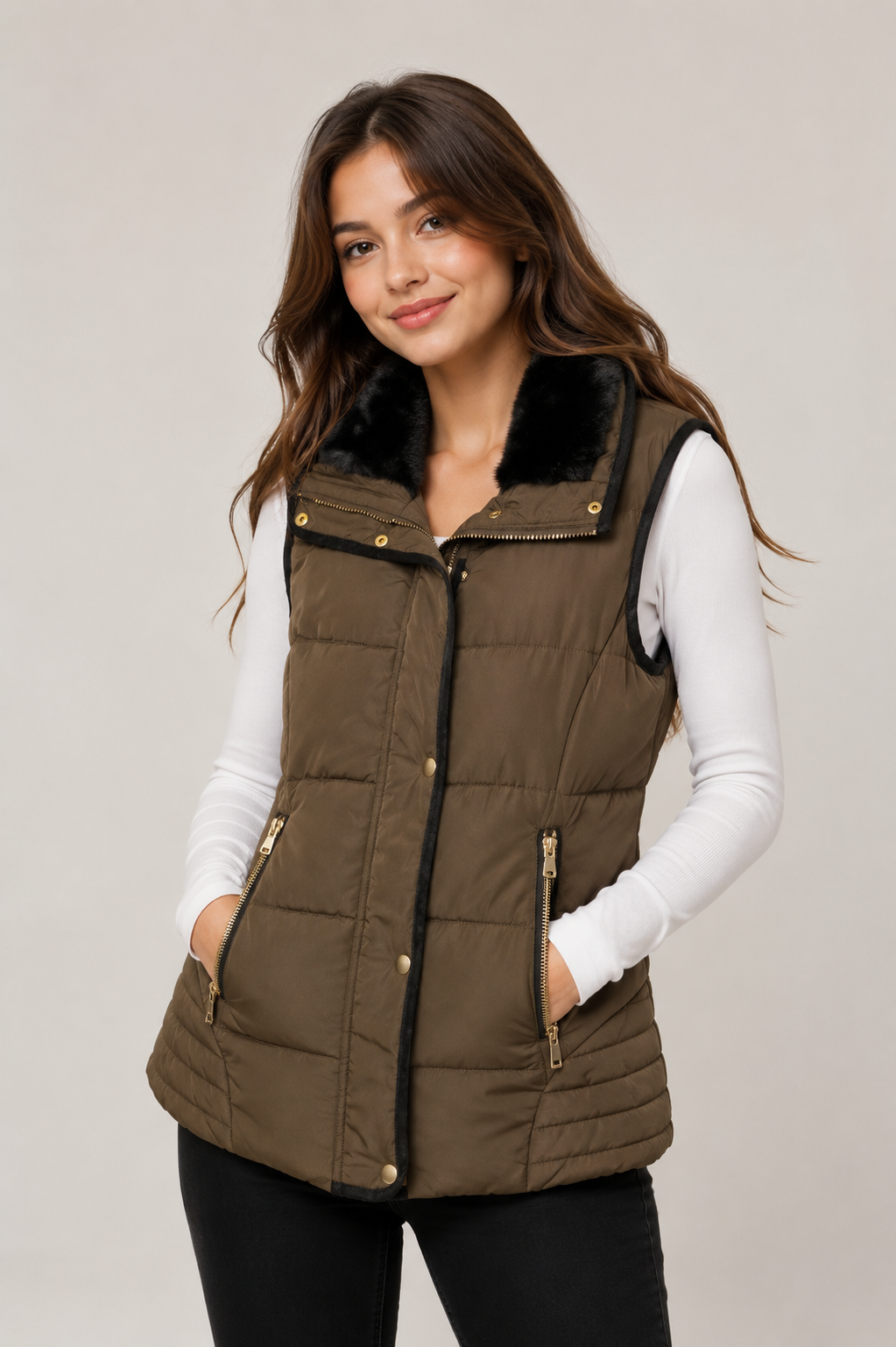  George Women's Olive Quilted Faux Fur Collar Puffer Gilet Jacket. Lightweight quilted bodywarmer with faux fur collar, zip pockets, and stylish winter layering for everyday comfort.