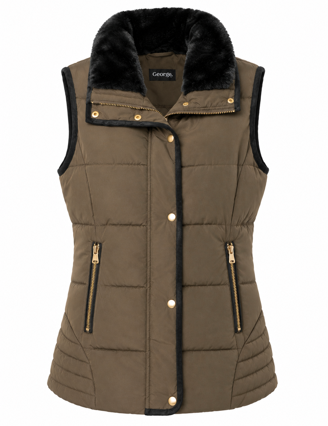  George Women's Olive Quilted Faux Fur Collar Puffer Gilet Jacket. Lightweight quilted bodywarmer with faux fur collar, zip pockets, and stylish winter layering for everyday comfort.