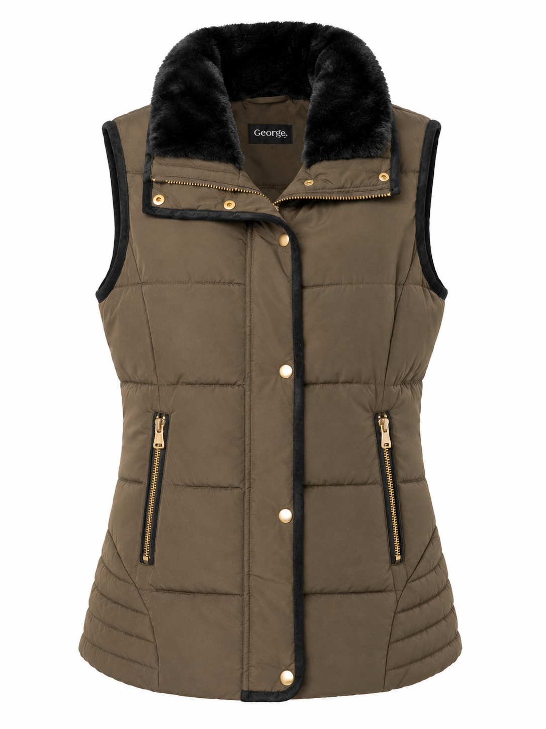  George Women's Olive Quilted Faux Fur Collar Puffer Gilet Jacket. Lightweight quilted bodywarmer with faux fur collar, zip pockets, and stylish winter layering for everyday comfort.