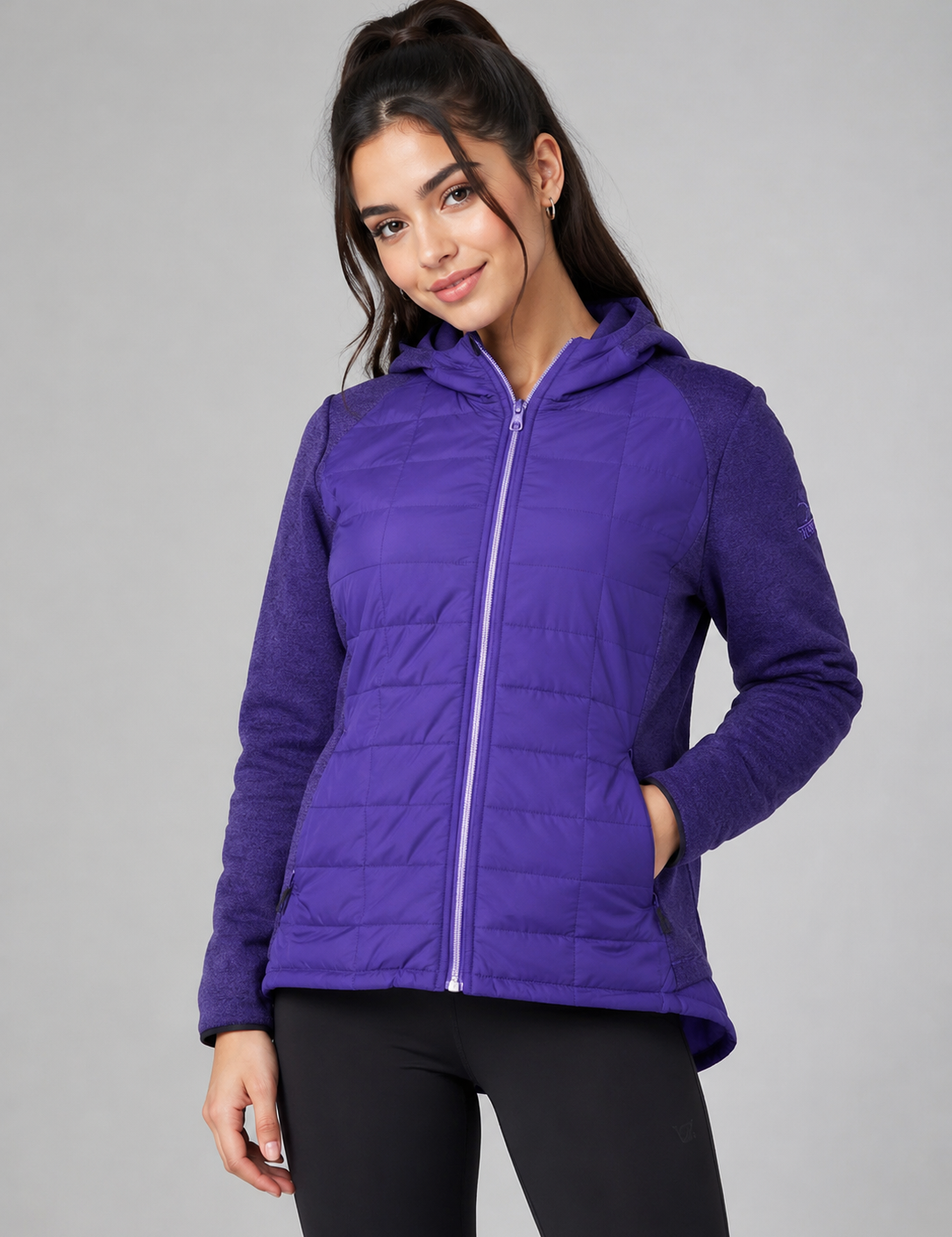 Gerry women’s purple hooded quilted jacket in UK size L. Stylish full-zip design with hood, textured sleeves and practical zipped pockets.