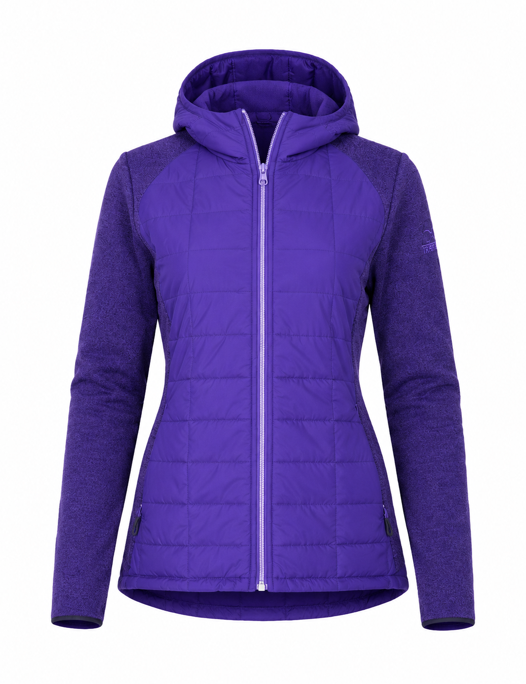  Gerry women’s purple hooded quilted jacket in UK size L. Stylish full-zip design with hood, textured sleeves and practical zipped pockets.