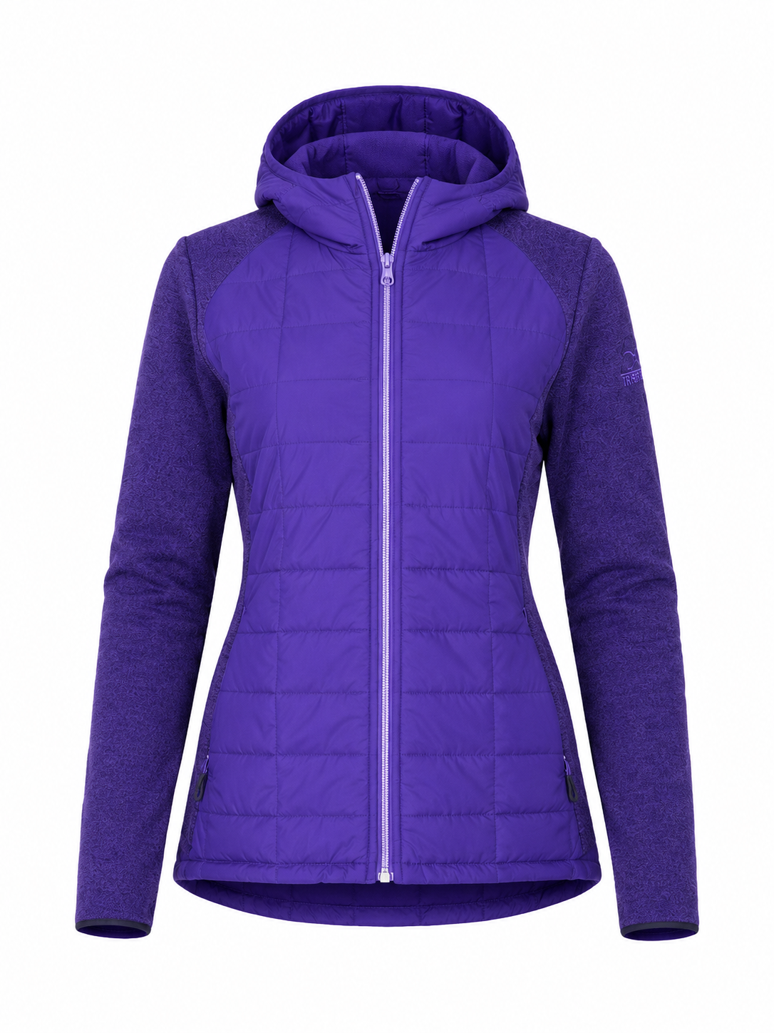  Gerry women’s purple hooded quilted jacket in UK size L. Stylish full-zip design with hood, textured sleeves and practical zipped pockets.