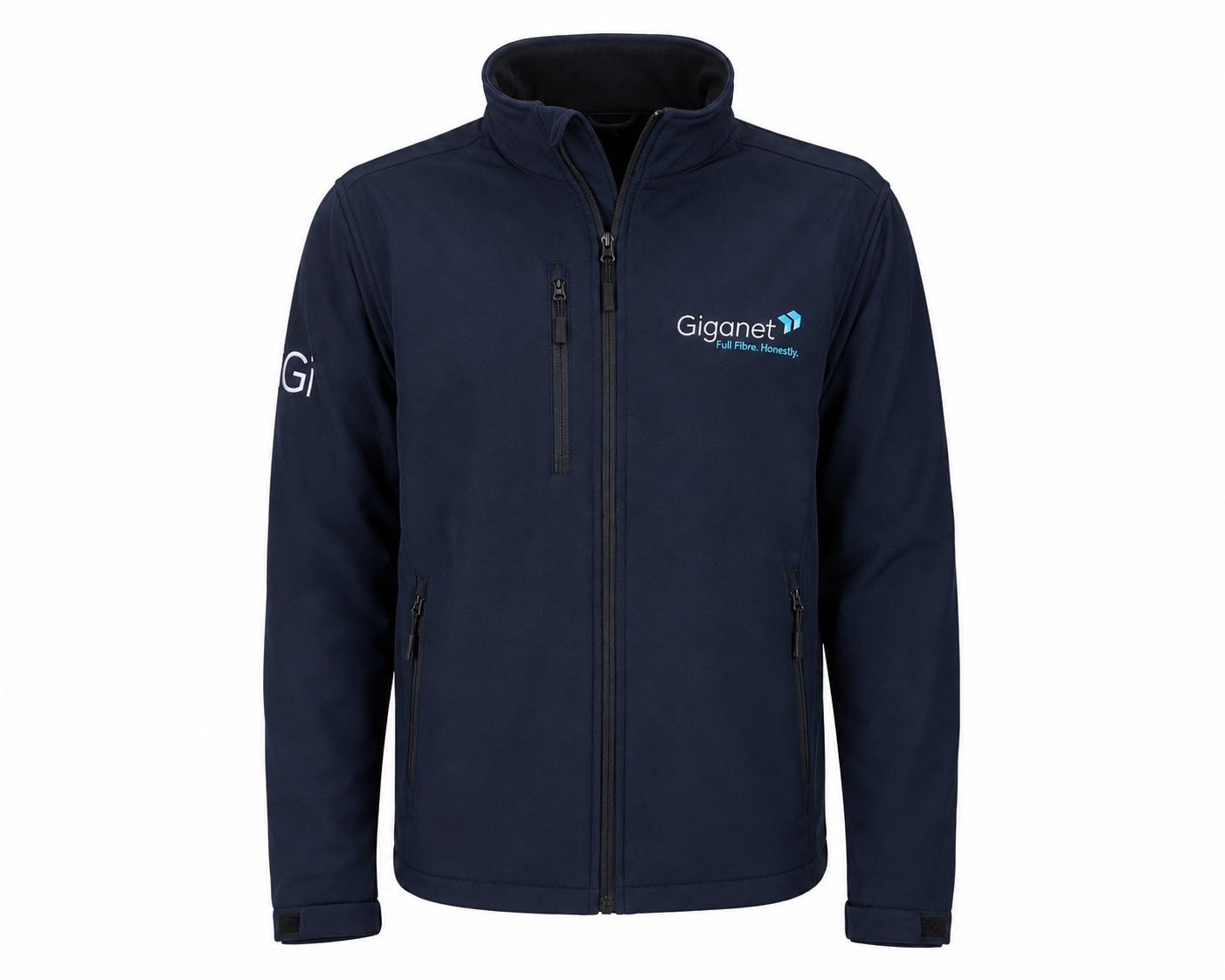  Giganet Men’s Navy Softshell Jacket in UK Size XL. Stylish full-zip design with high collar, multiple zip pockets and adjustable cuffs.