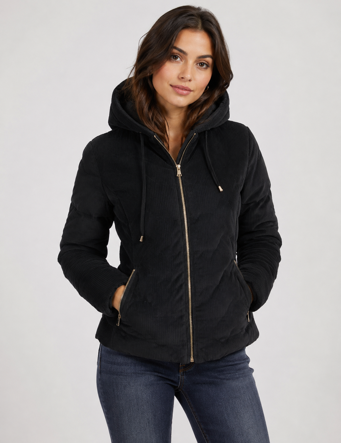 GIOVANA women’s black hooded corduroy puffer jacket in UK size L. Quilted padded design with zipped pockets and cosy hood, perfect for winter.