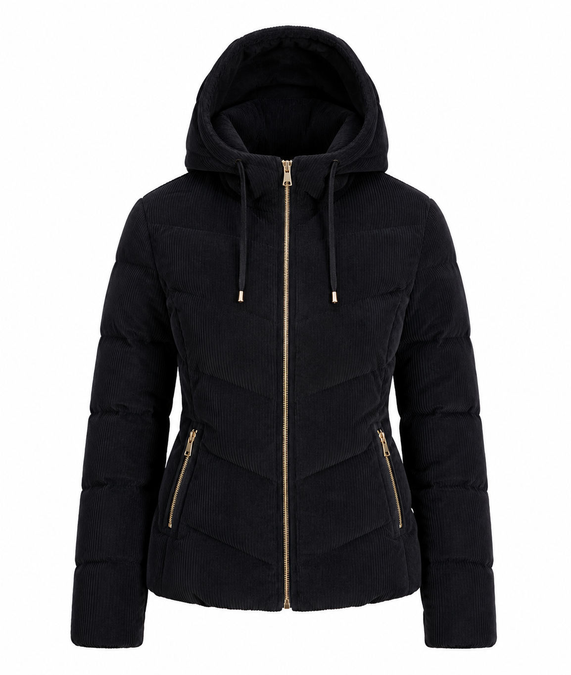 GIOVANA women’s black hooded corduroy puffer jacket in UK size L. Quilted padded design with zipped pockets and cosy hood, perfect for winter.